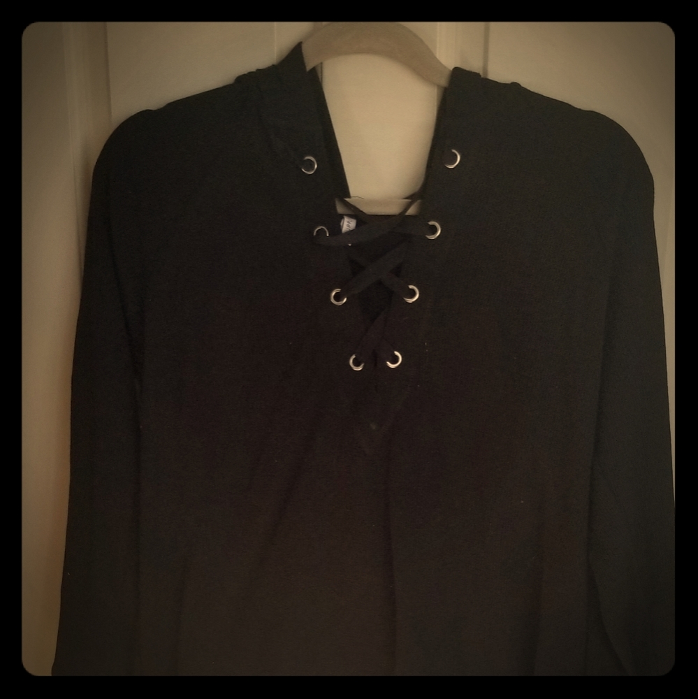 Black lace up hooded shirt